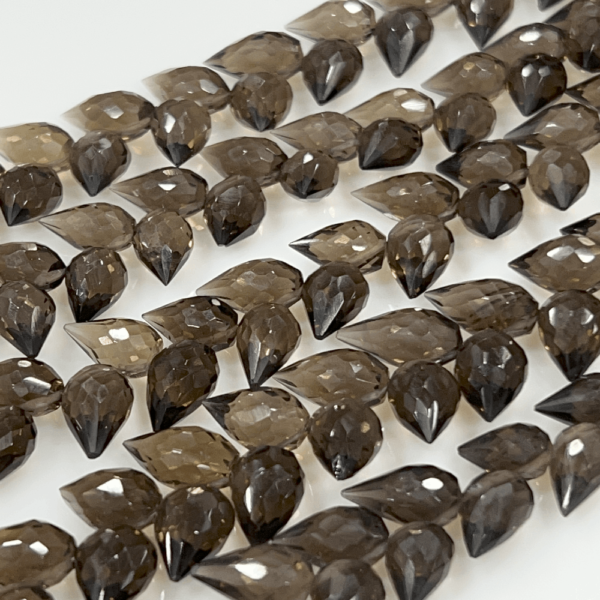 Indian 8 Inches High Quality Smokey Quartz Faceted Briolette Tear Drops Size 7x 9 to 7x10mm Approx. Wholesale Price