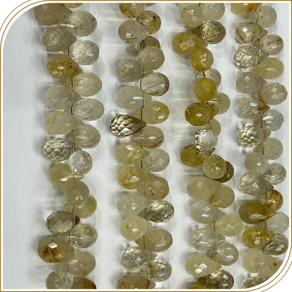 AAA High Quality Natural Golden Rutilated Quartz Gemstone Faceted Briolette Teardrops 8 Inches Strand Size 5 to 6mm Approx