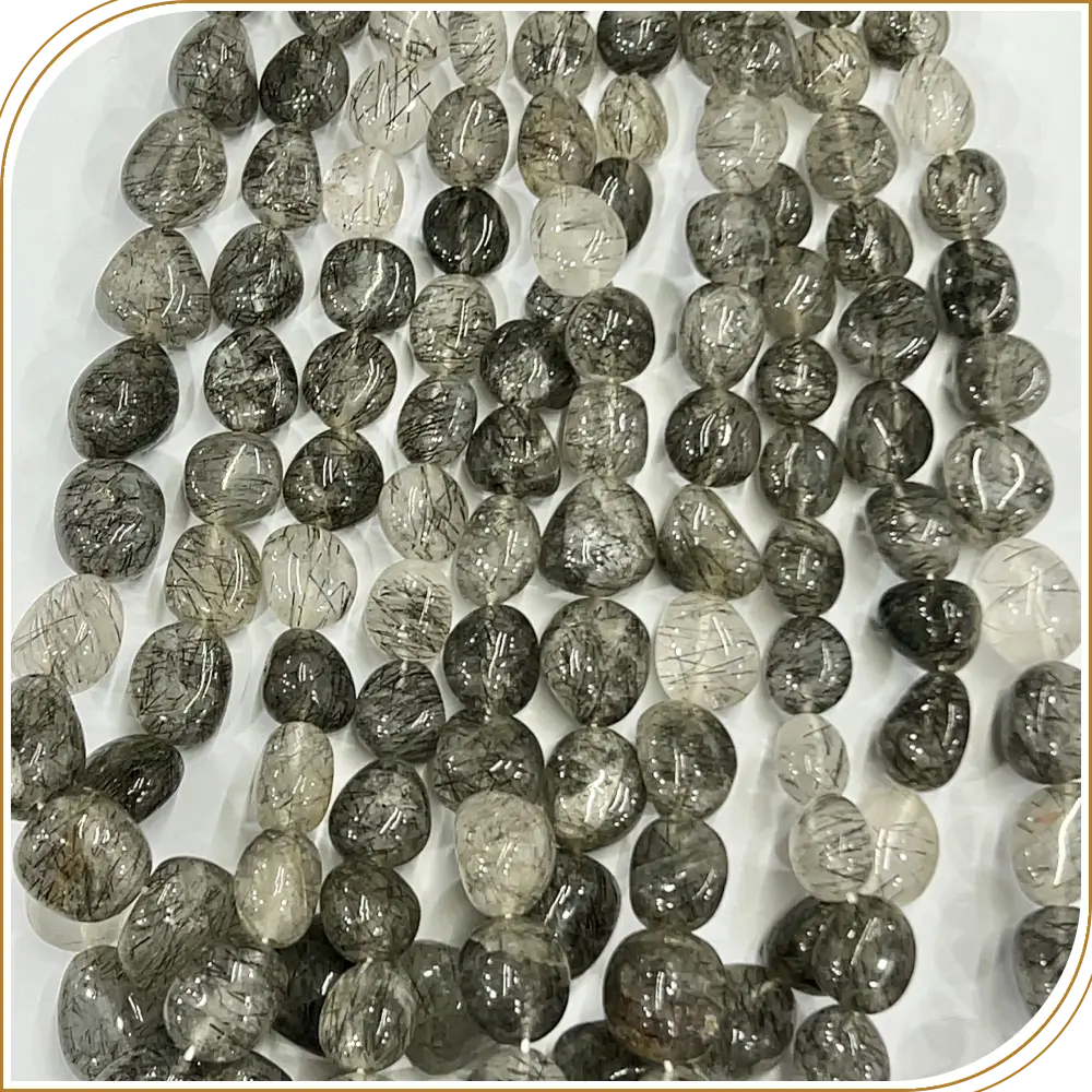 Aaa High Quality Natural Black Rutilated Quartz Loose Gemstone Smooth Nuggets Beads 8 Inches Strand Size 12to 15mm Approx