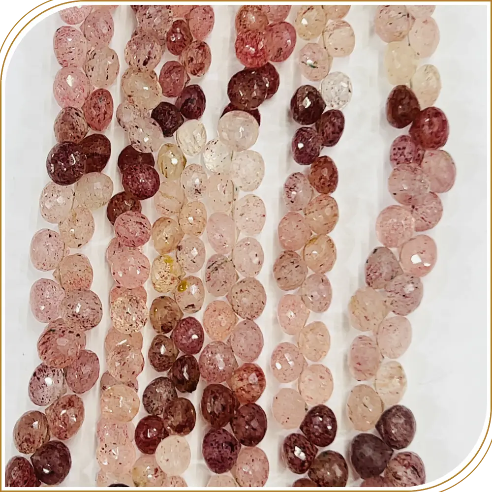 AAA High Quality Natural Pink Strawberry Quartz Shades Gemstone Faceted Briolette Onion Drops Beads 8 Inches Strand Size 6 to 9mm Approx