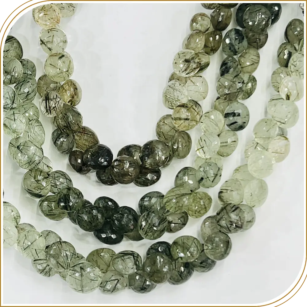 AAA High Quality Natural Green Rutilated Quartz Gemstone Faceted Briolette Onion Drops Beads 8 Inches Strand Size 5 to 6mm Approx