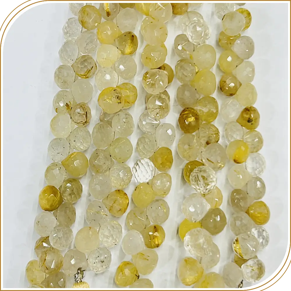 AAA High Quality Natural Golden Rutilated Quartz Gemstone Faceted Briolette Onion Drops Beads 8 Inches Strand Size 5 to 6mm Approx
