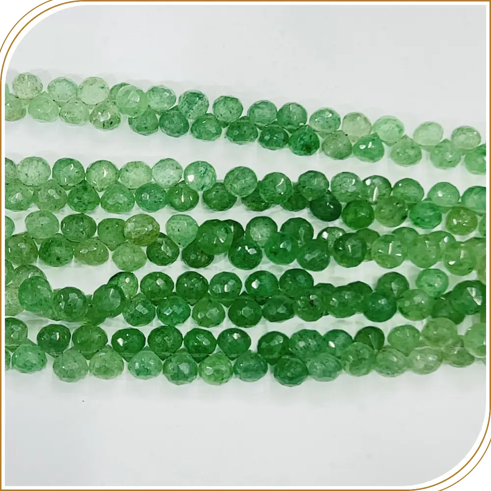 Aaa High Quality Natural Green Strawberry Quartz Gemstone Faceted Briolette Onion Drops Beads 8 Inches Strand Size 5 to 6mm Approx