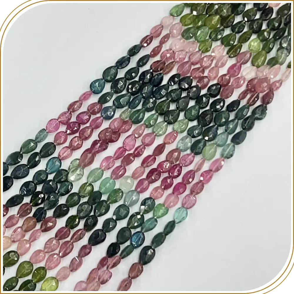 AAA Natural Multi Color Tourmaline Faceted Pear Shape Beads Size 5x7-6x8mm 14 Inches Strand