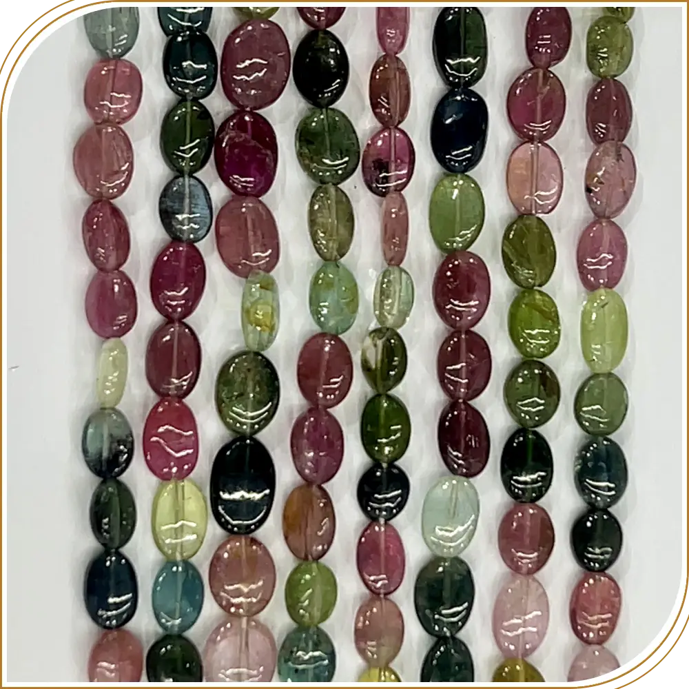 AAA Natural Multi Color Tourmaline Smooth Oval Shape Beads Size 4x6mm to 6x8mm 14 Inches Strand