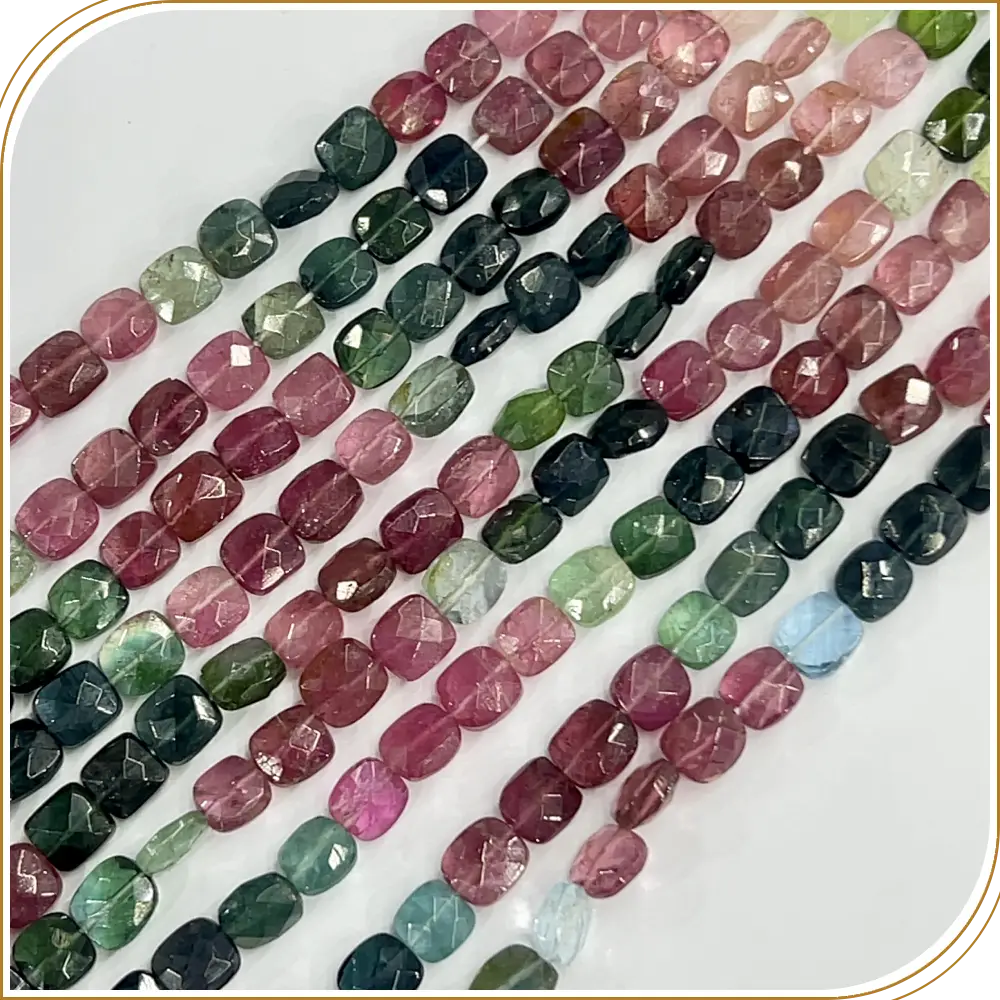 AAA Natural Multi Color Tourmaline Faceted Cushion Shape Beads Size 5x7mm 14 Inches Strand