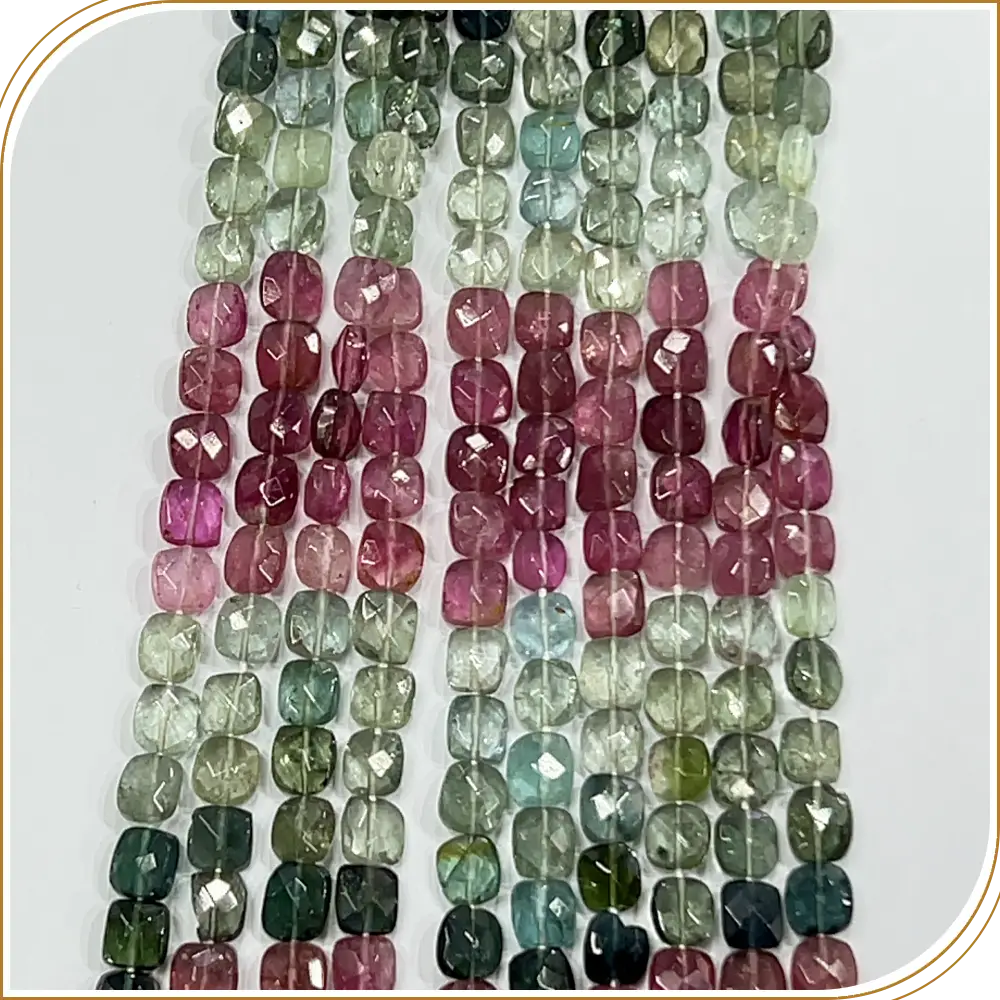 Natural High Quality Multi Tourmaline Faceted Cushion Shape Beads Size 5x5mm 14 Inches Strand