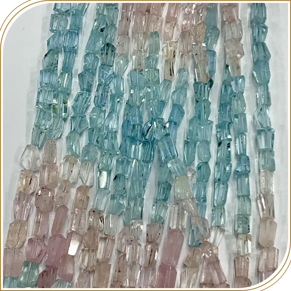 Natural High Quality Multi Aquamarine Morganite Faceted Nuggets Shape Beads Size 6x7mm to 6x8mm 14 Inches Strand