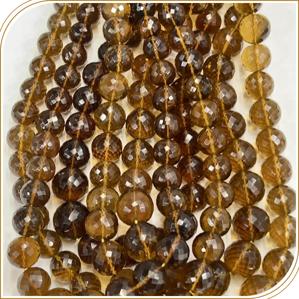 AAA High Quality Natural Deep Beer Quartz Faceted Round Ball Shape Beads 11mm to 15mm Approx 8 Inches Strand