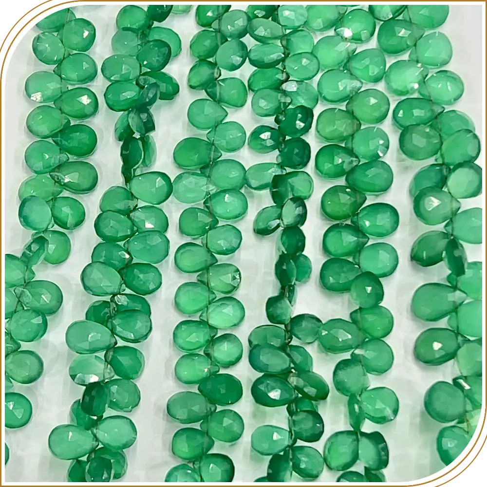 AAA Natural Green Onyx Faceted Briolette Peardrop Beads 8 Inches Strand, 7x10mm approx. Bold, Vibrant, and Beautiful