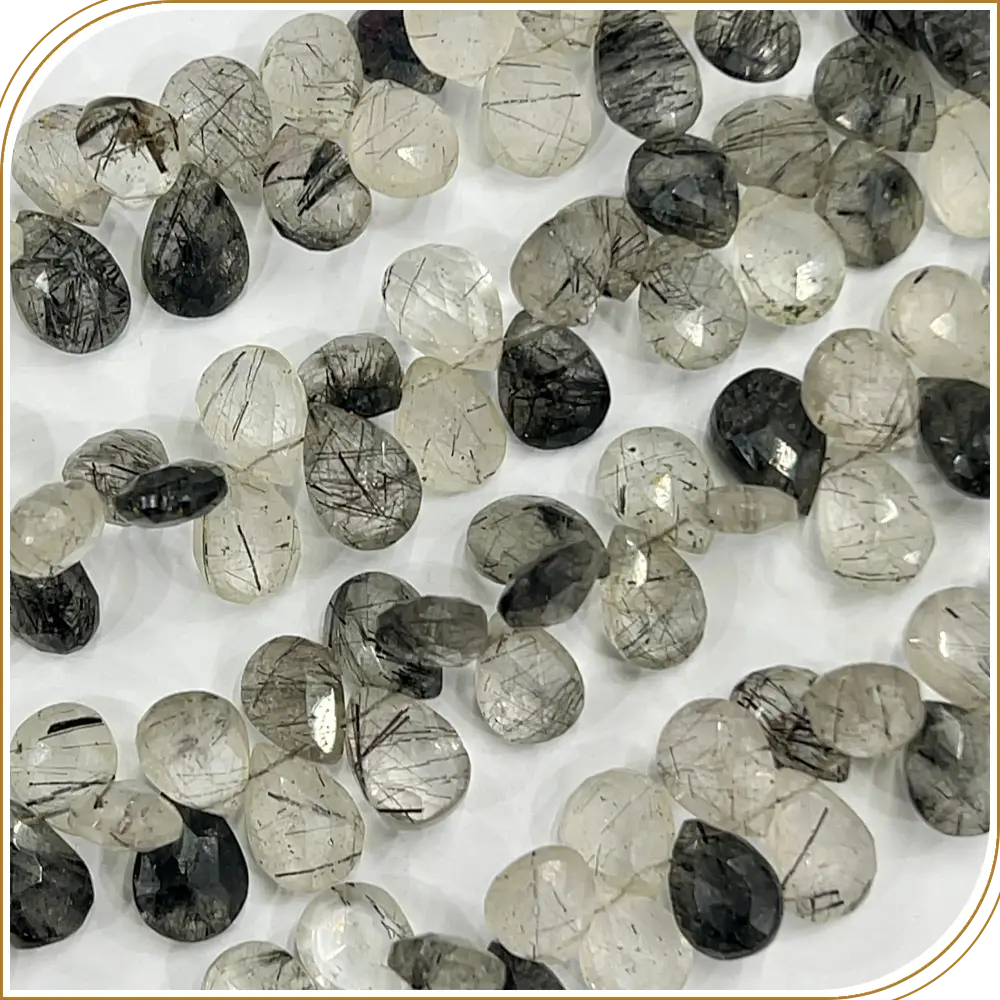 AAA Natural Multi Black Rutilated Quartz Faceted Briolette Peardrop Beads 8 Inches Strand, 8x12mm/9x12mm approx. Mysterious, Striking, and Rare