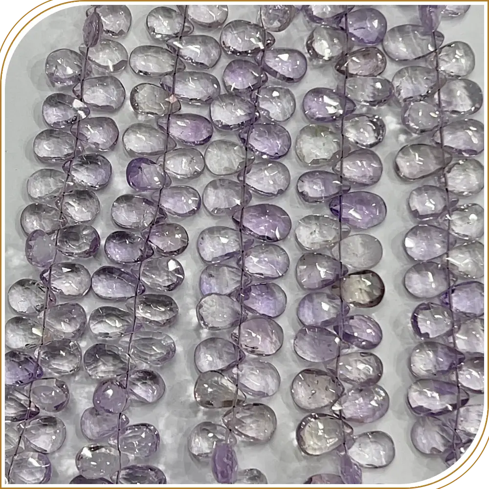 AAA Natural Pink Amethyst Quartz Faceted Briolette Peardrop Beads  8 Inches Strand, 6x9mm/7x10mm approx. Gentle, Radiant, and Graceful