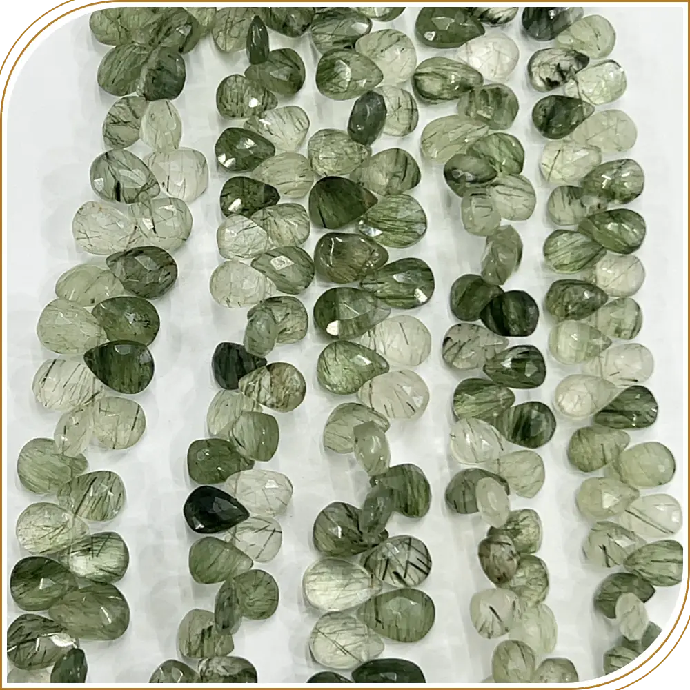 AAA Natural Green Rutilated Quartz Faceted Briolette Peardrop Beads 8 Inches Strand, 6x9mm approx. Powerful, Rich, and Sophisticated