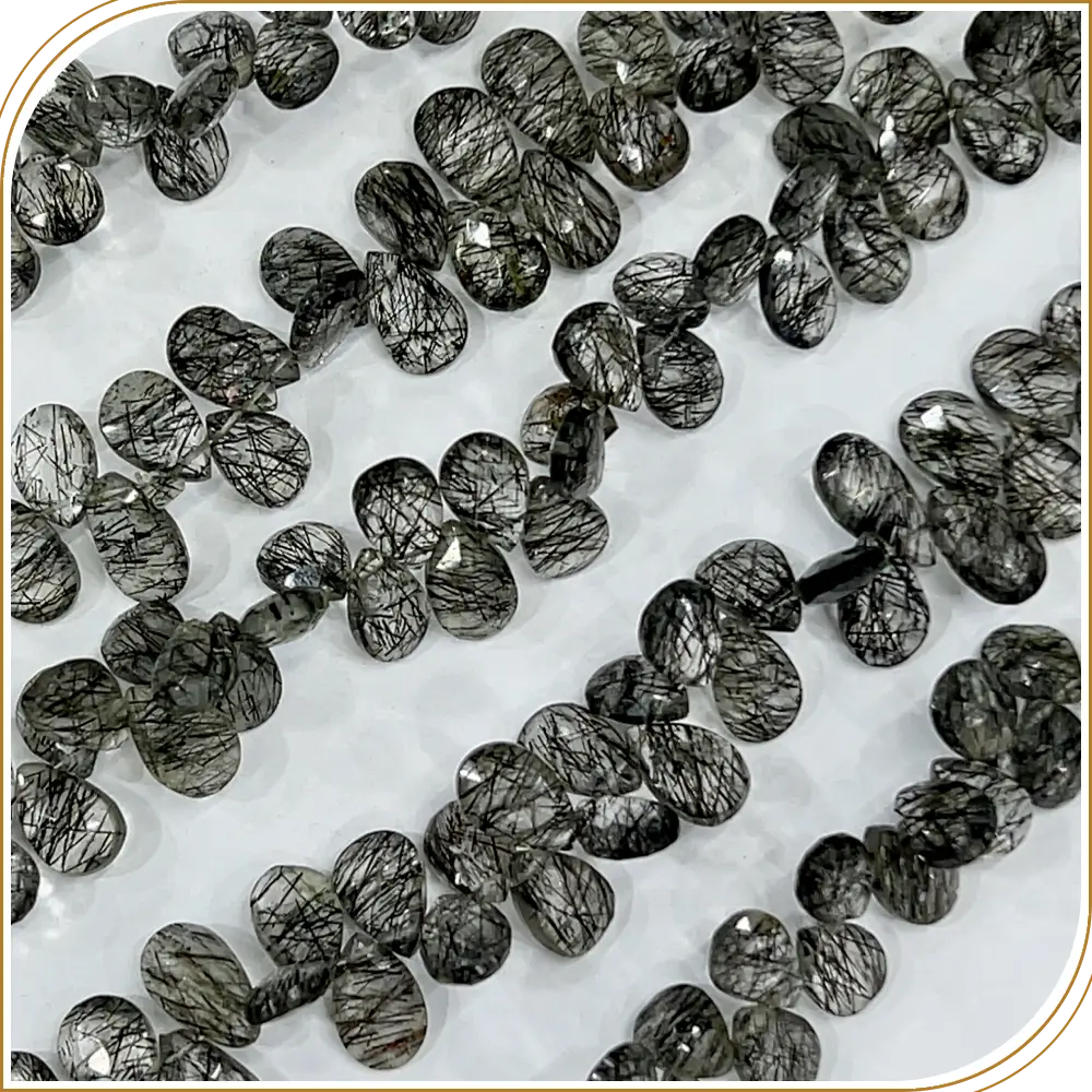 AAA Natural Sri Lankan Black Rutilated Quartz Faceted Briolette Peardrop Beads 8 Inches Strand  6x9mm approx. Mystical, Rare, and Striking