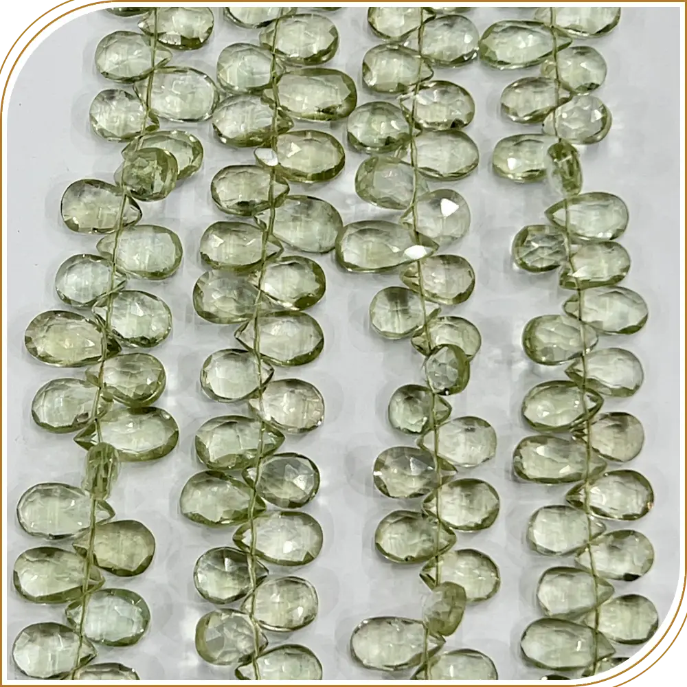 AAA Natural Green Amethyst Quartz Faceted Briolette Peardrop Beads 8 Inches Strand 7x10mm approx. Ethereal, Elegant, and Sophisticated