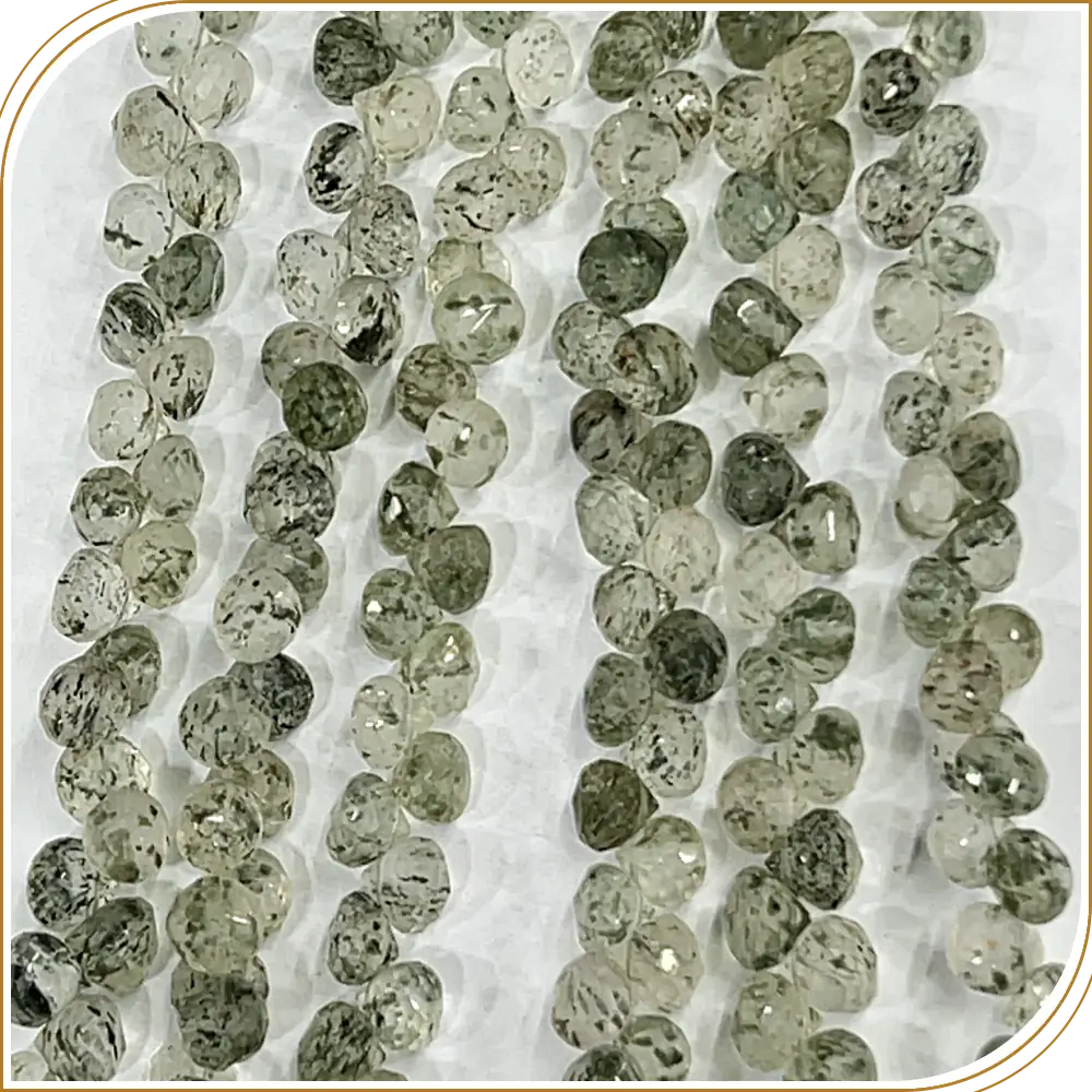 Elegant Natural Green Rutilated Quartz Gemstone Loose Faceted Onion Drops Shape Beads, Vibrant 6 to 7mm, 8 Inches Strand - Perfect for Mystical, Nature-Inspired Creations