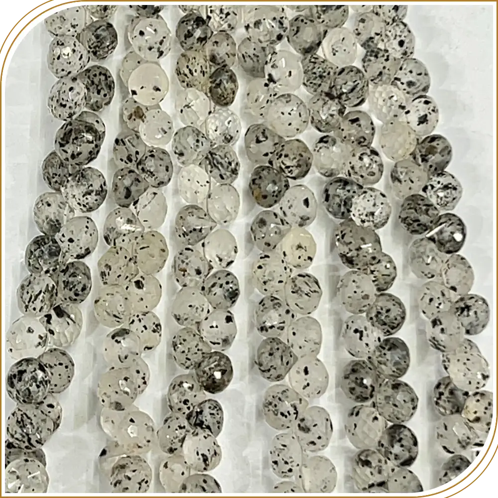 Striking Natural Black Dot Quartz Gemstone Loose Faceted Onion Drops Shape Beads, Sleek 6 to 7mm, 8 Inches Strand - Elevate Your Creations with Bold Beauty