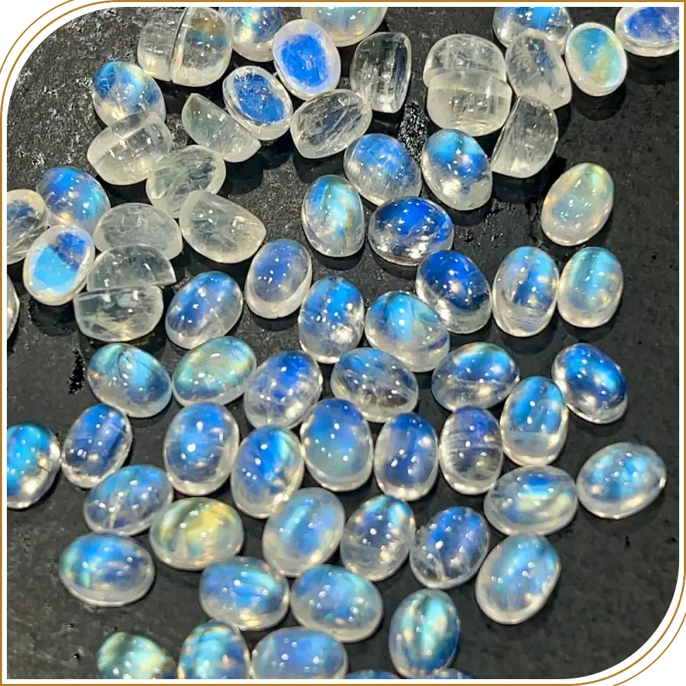 AAA Natural Blue Fire Indian Rainbow Moonstone Gemstone Cabochon Oval Shape 6x8mm Transparent Flashy Moonstone