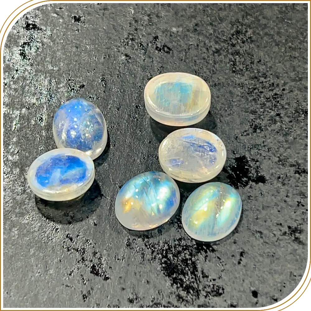 AAA Natural Blue Fire Indian Rainbow Moonstone Gemstone Cabochon Oval Shape 9x11 Transparent Flashy Moonstone
