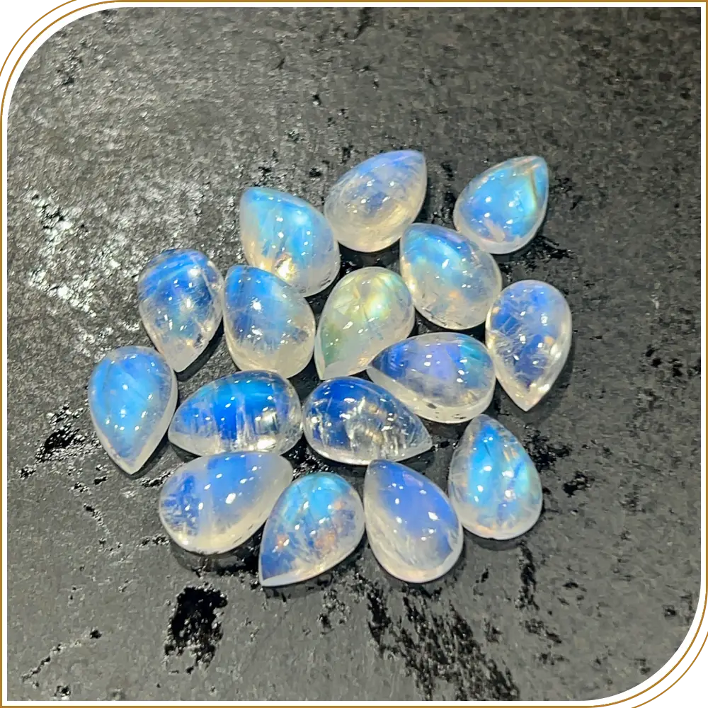 AAA Natural Blue Fire Indian Rainbow Moonstone Gemstone Cabochon Pear Shape 8x12mm Transparent Flashy Moonstone