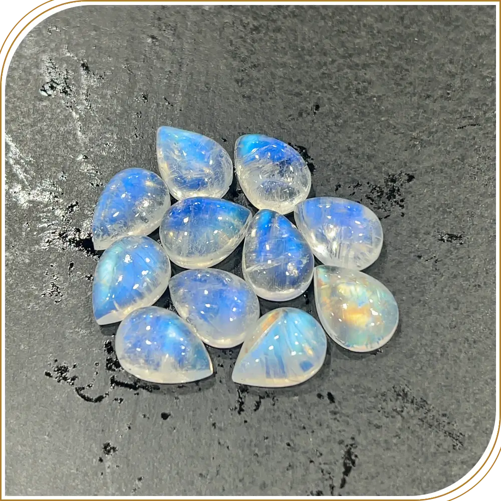AAA Natural Blue Fire Indian Rainbow Moonstone Gemstone Cabochon Pear Shape 9x13mm Transparent Flashy Moonstone