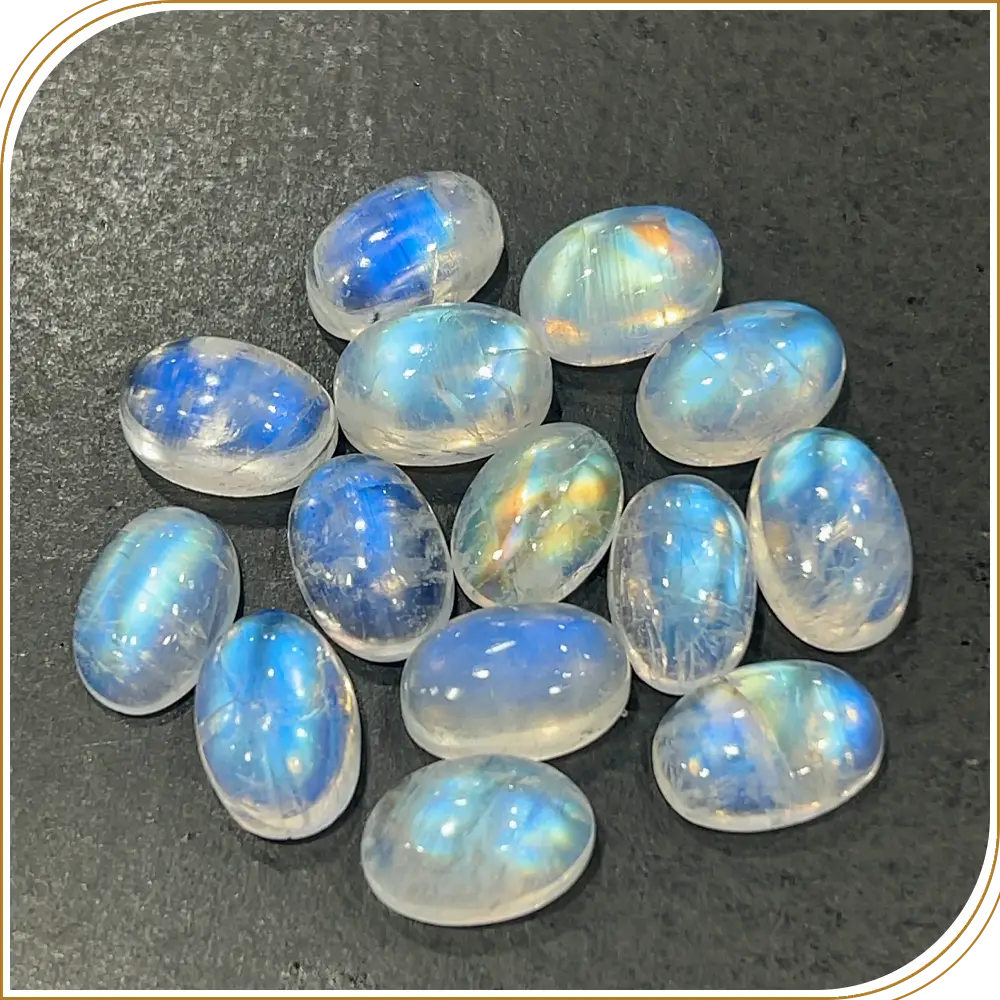 AAA Natural Blue Fire Indian Rainbow Moonstone Gemstone Cabochon Oval Shape 9x13mm Transparent Flashy Moonstone
