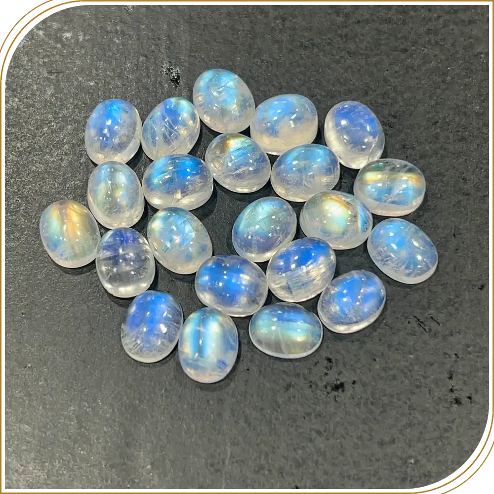 AAA Natural Blue Fire Indian Rainbow Moonstone Gemstone Cabochon Oval Shape 8x10mm Transparent Flashy Moonstone
