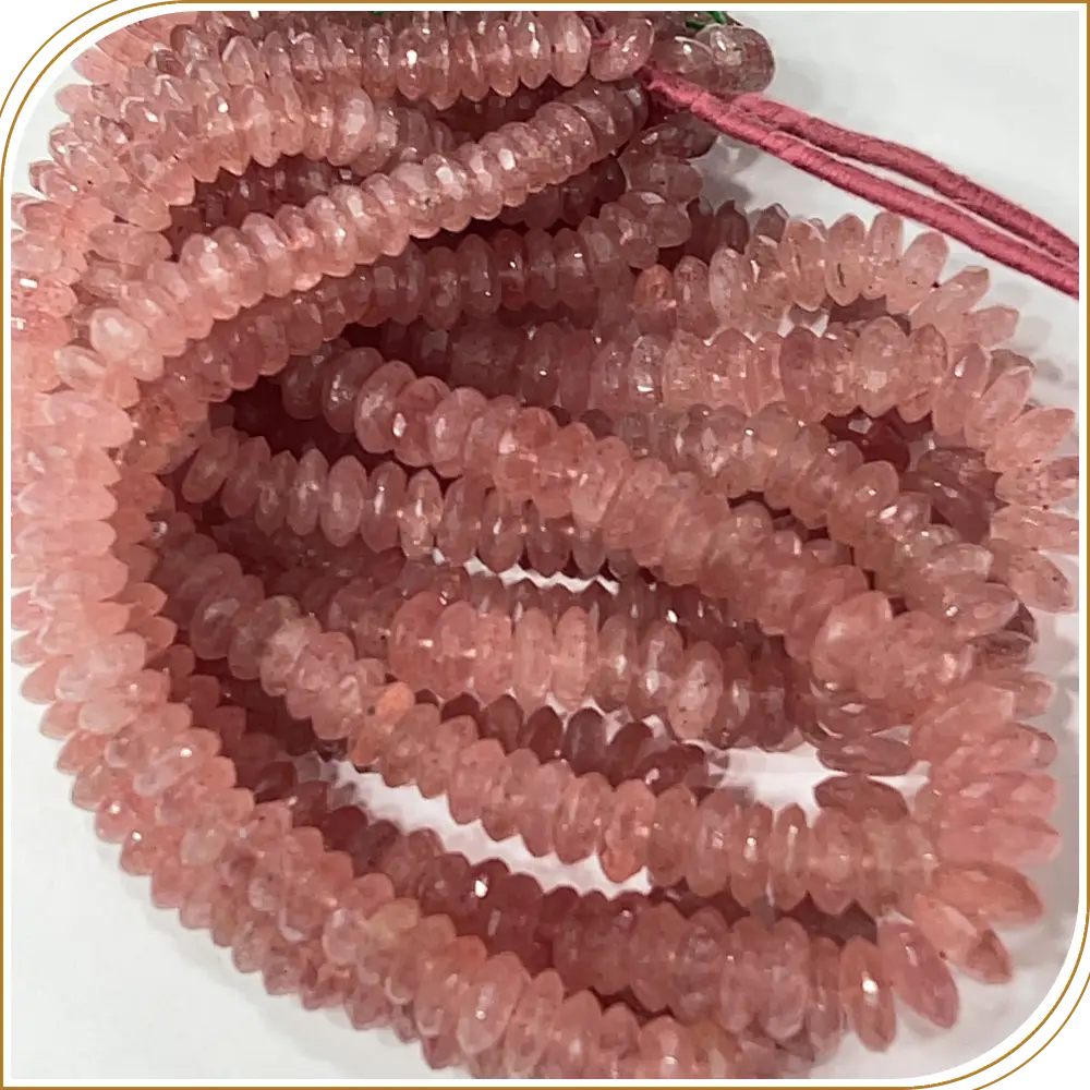 AAA Natural Pink Strawberry Quartz German Cut Faceted Rondelle Beads Size 8 To 10mm 14 Inches Strand