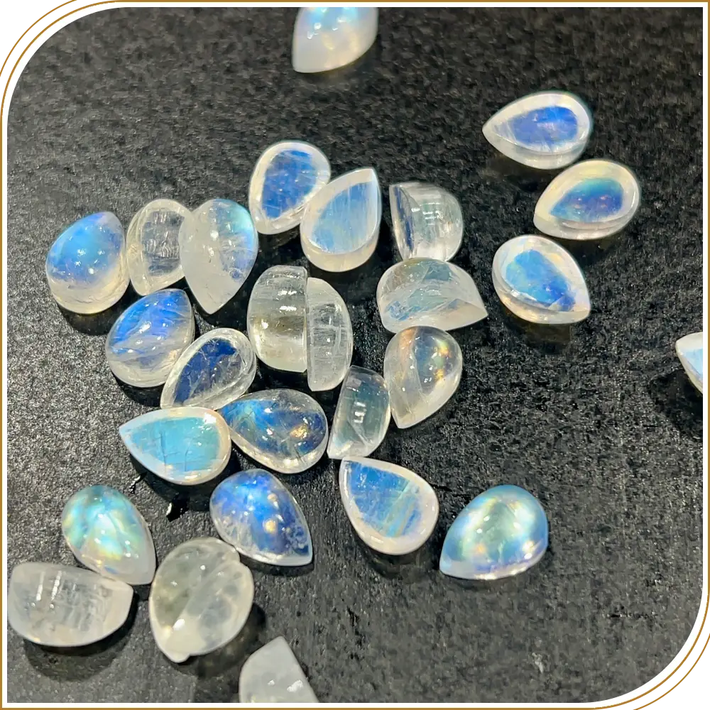 AAA Natural Blue Fire Indian Rainbow Moonstone Gemstone Cabochon Pear Shape 7x10mm Transparent Flashy Moonstone