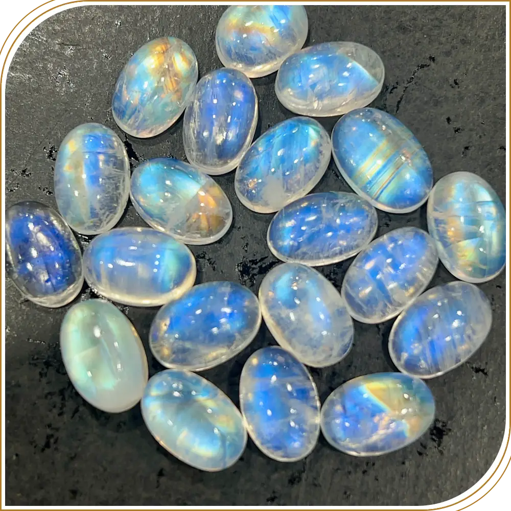 AAA Natural Blue Fire Indian Rainbow Moonstone Gemstone Cabochon Oval Shape 8x12mm Transparent Flashy Moonstone