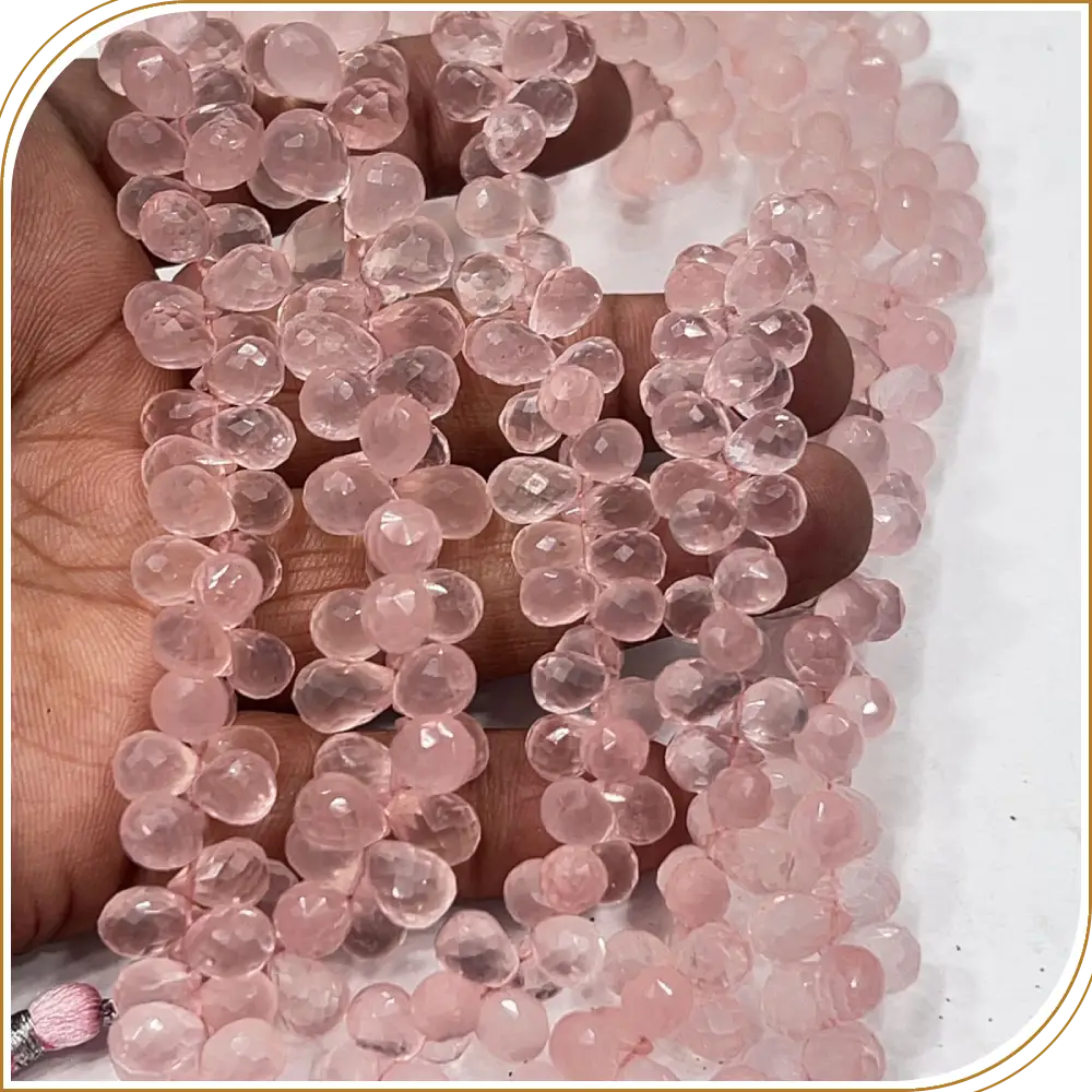 Natural Pink Rose Quartz Faceted Briolette Teardrop Beads 8 Inch Strand Size 8 to 10mm for Jewelry Making and Decoration