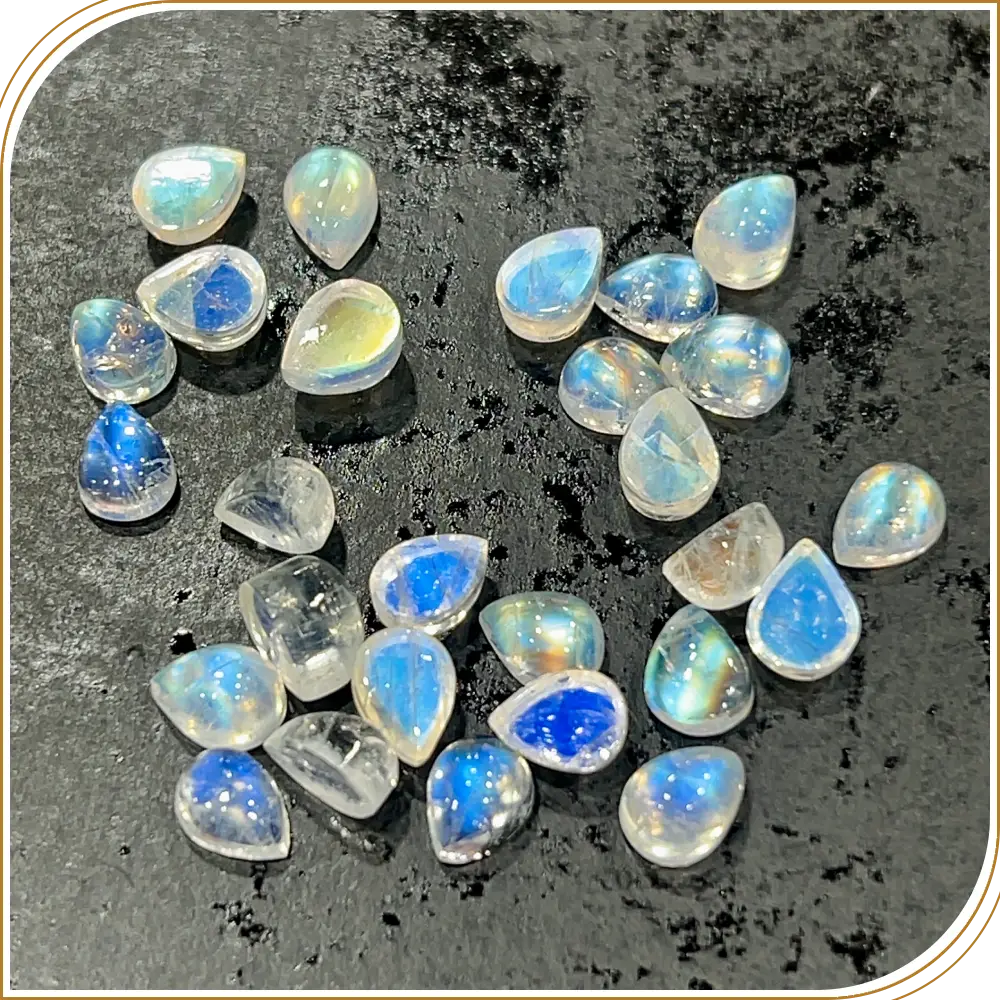 AAA Natural Blue Fire Indian Rainbow Moonstone Gemstone Cabochon Pear Shape 6 X8mm Transparent Flashy Moonstone