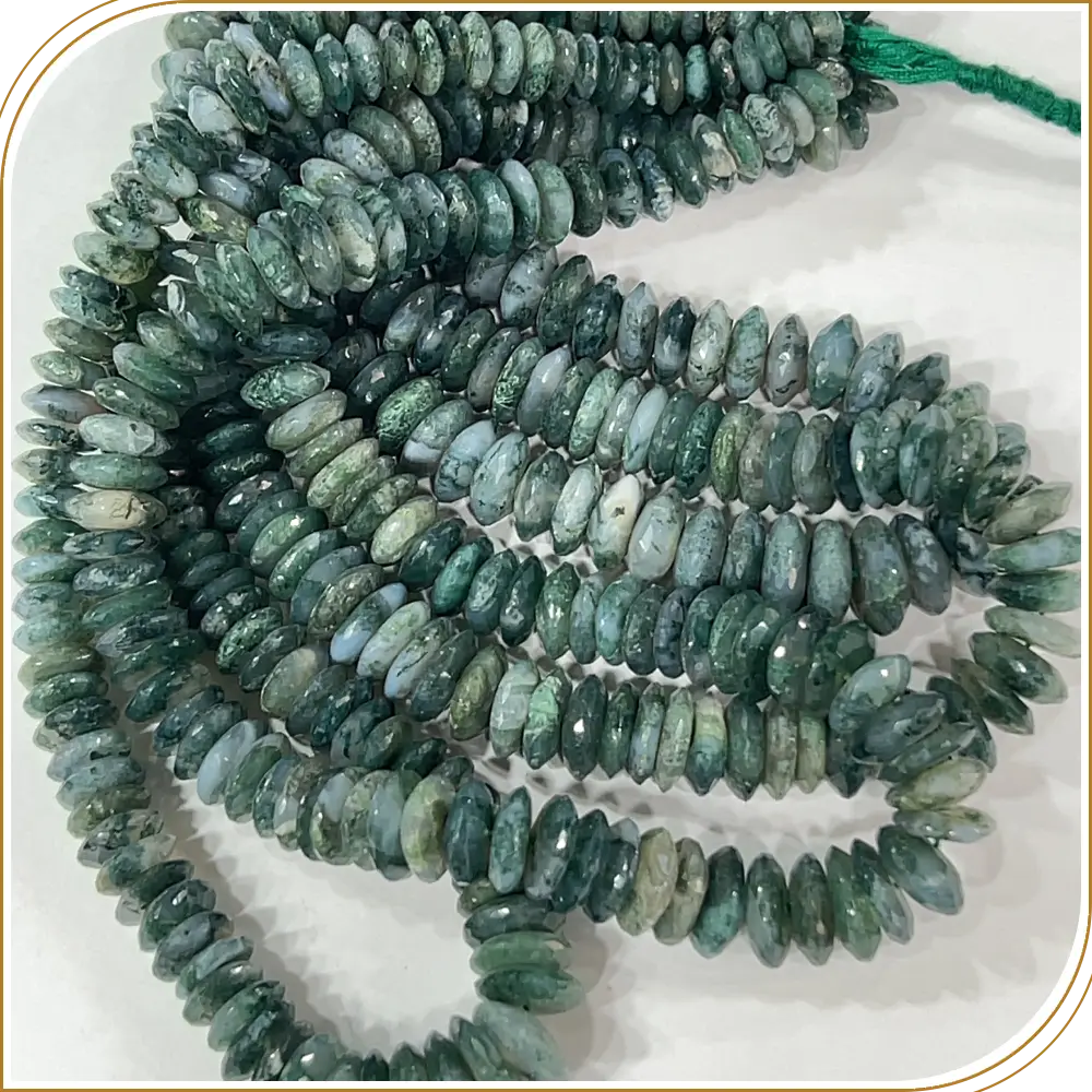 AAA Natural Green Moss Agate German Cut Faceted Rondelle Beads Size 8 To 10mm 14 Inches Strand