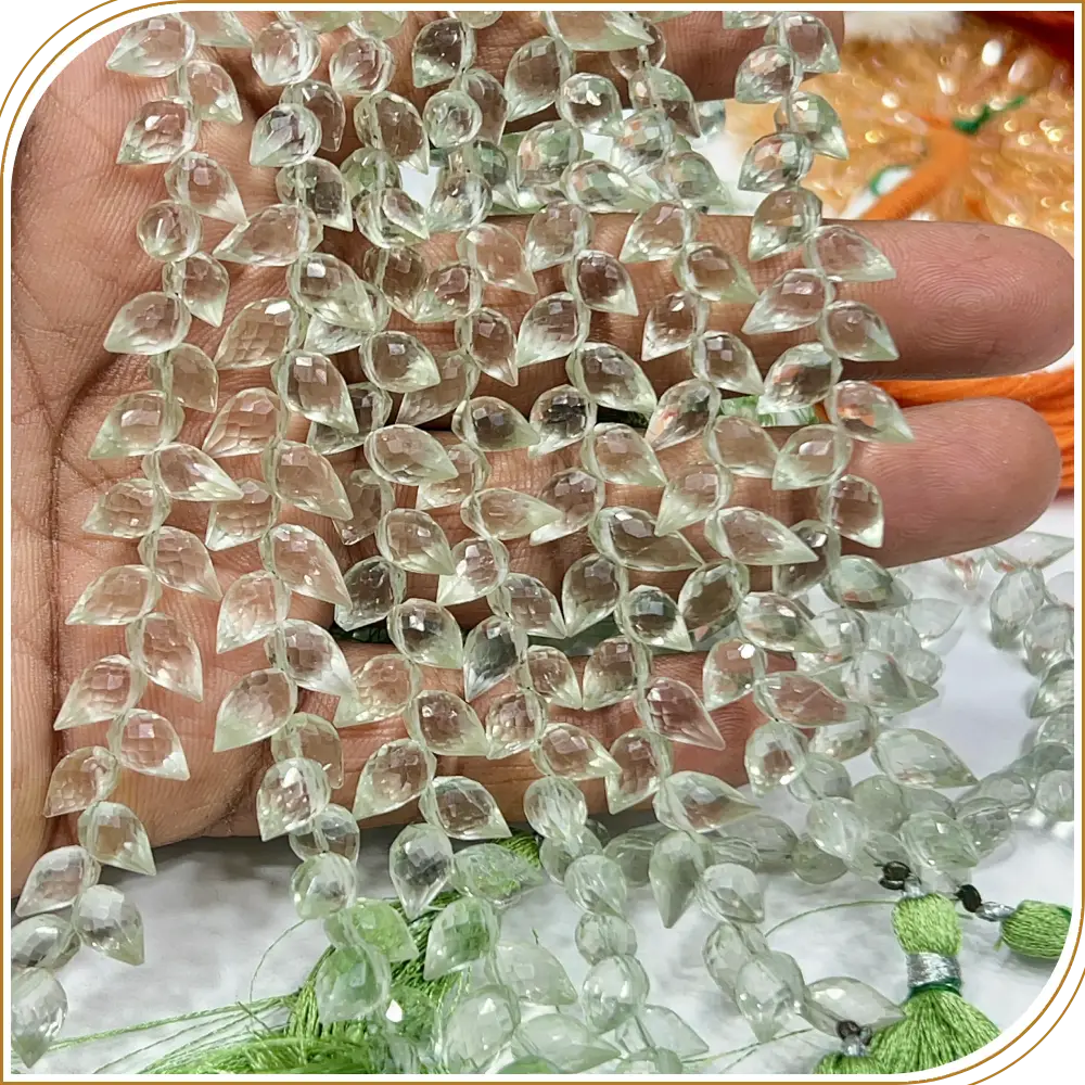 AAA Natural Green Amethyst Quartz Faceted Briolette Teardrop Fancy Drill 8 Inch Strand 6x9mm Approx