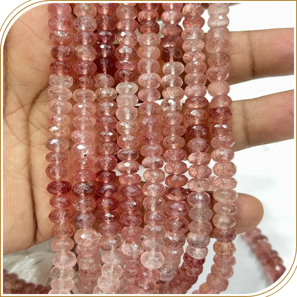 Gemstone Bead Ring AAA Natural Shaded Pink Strawberry Quartz Gemstone Faceted Rondelle Beads 8mm 8inches Strand
