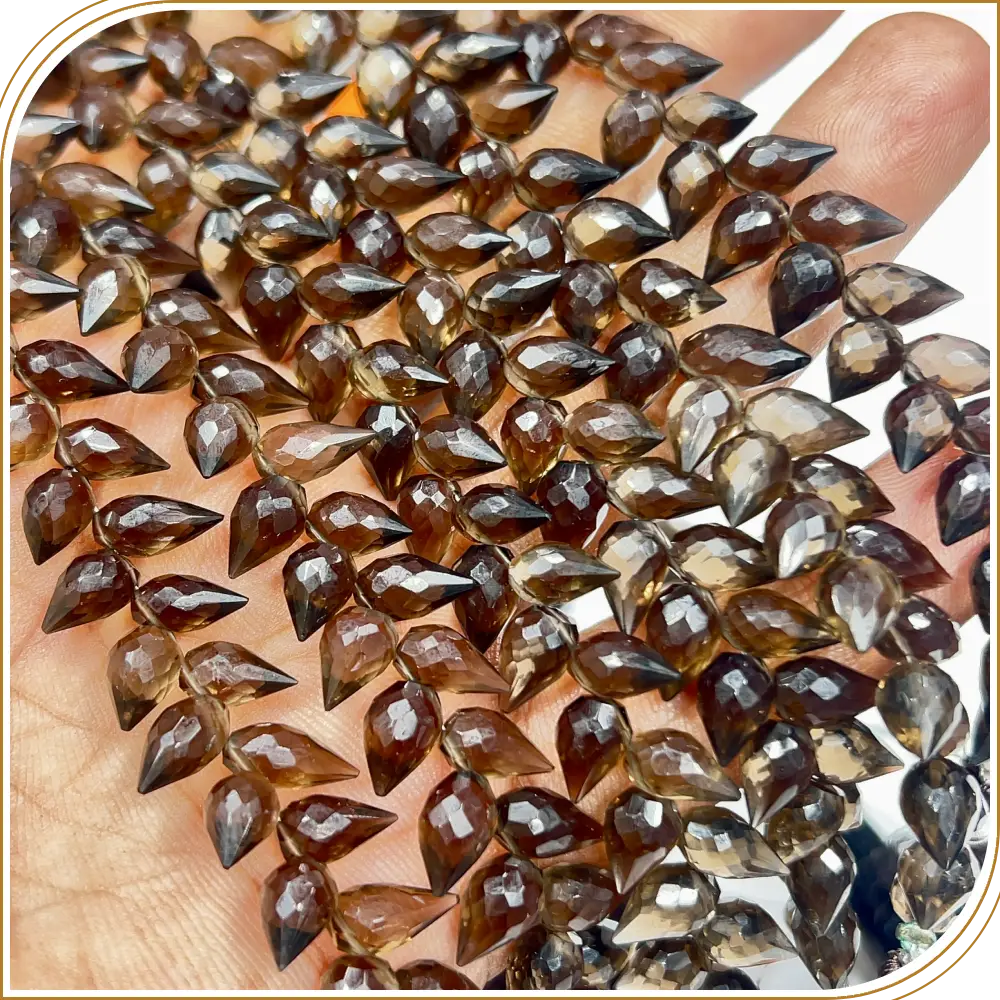 AAA Natural Smokey Quartz Faceted Briolette Teardrop Fancy Drill 8 Inch Strand 6x9mm Approx