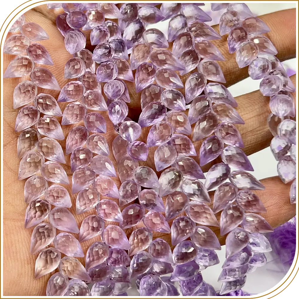 AAA Natural Pink Amethyst Quartz Faceted Briolette Teardrop Fancy Drill 8 Inch Strand 6x9mm Approx