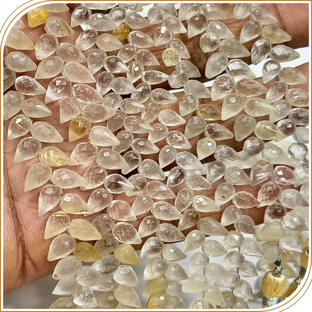 AAA Natural Golden Rutilated Quartz Faceted Briolette Teardrop Fancy Drill 8 Inch Strand 6x9mm Approx