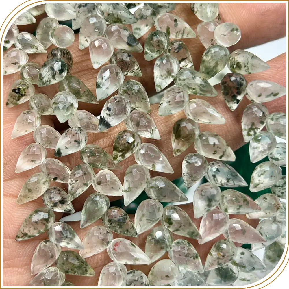 AAA Natural Green Rutilated Quartz Faceted Briolette Teardrop Fancy Drill 8 Inch Strand 6x9mm Approx