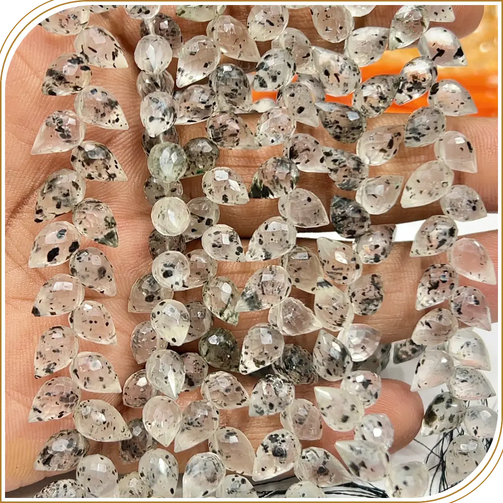 AAA Natural Black Dot Quartz Faceted Briolette Teardrop Fancy Drill 8 Inch Strand 6x9mm Approx