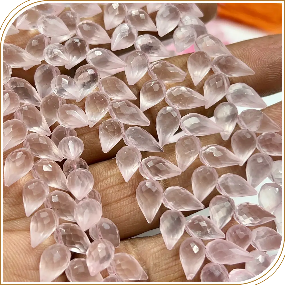 AAA Natural Pink Rose Quartz Faceted Briolette Teardrop Fancy Drill 8 Inch Strand 6x9mm Approx