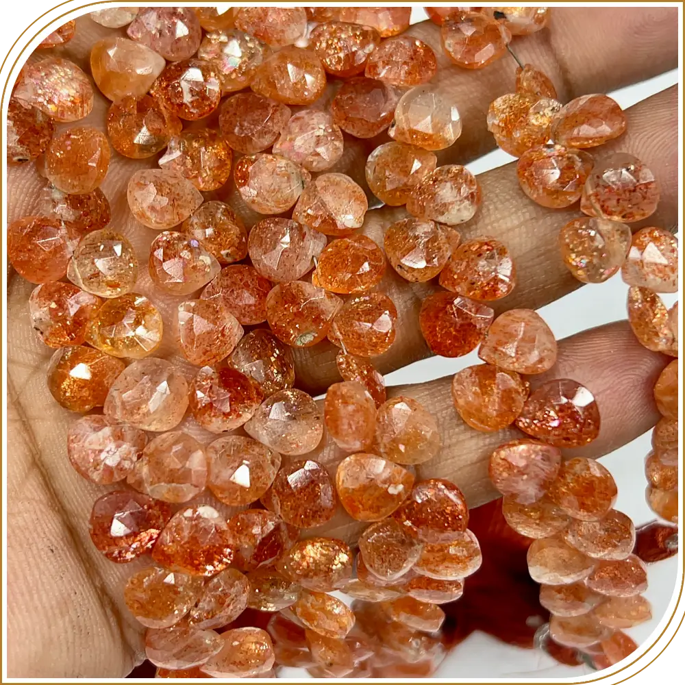 AAA Natural Sun Stone Faceted Heart Shape Briolette Beads Size 6-7mm Approx. 8 Inches Strand
