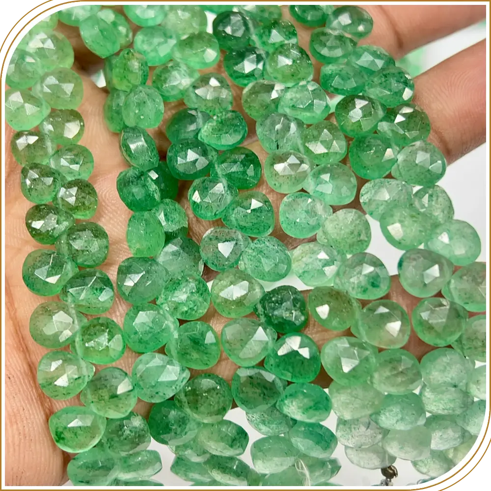 AAA Natural Green Strawberry Quartz Faceted Heart Shape Briolette Beads Size 6-7mm Approx. 8 Inches Strand
