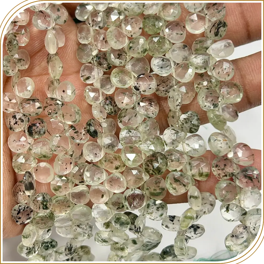 AAA Natural Green Rutilated Quartz Faceted Heart Shape Briolette Beads Size 6-7mm Approx. 8 Inches Strand