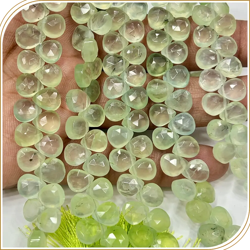 AAA Natural Green Prehnite Faceted Heart Shape Briolette Beads Size 6-7mm Approx. 8 Inches Strand