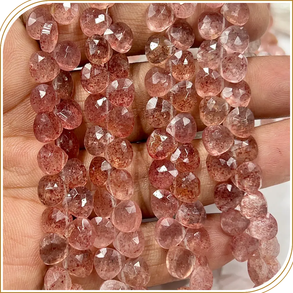 AAA Natural Pink Strawberry Quartz Faceted Heart Shape Briolette Beads Size 6-7mm Approx. 8 Inches Strand