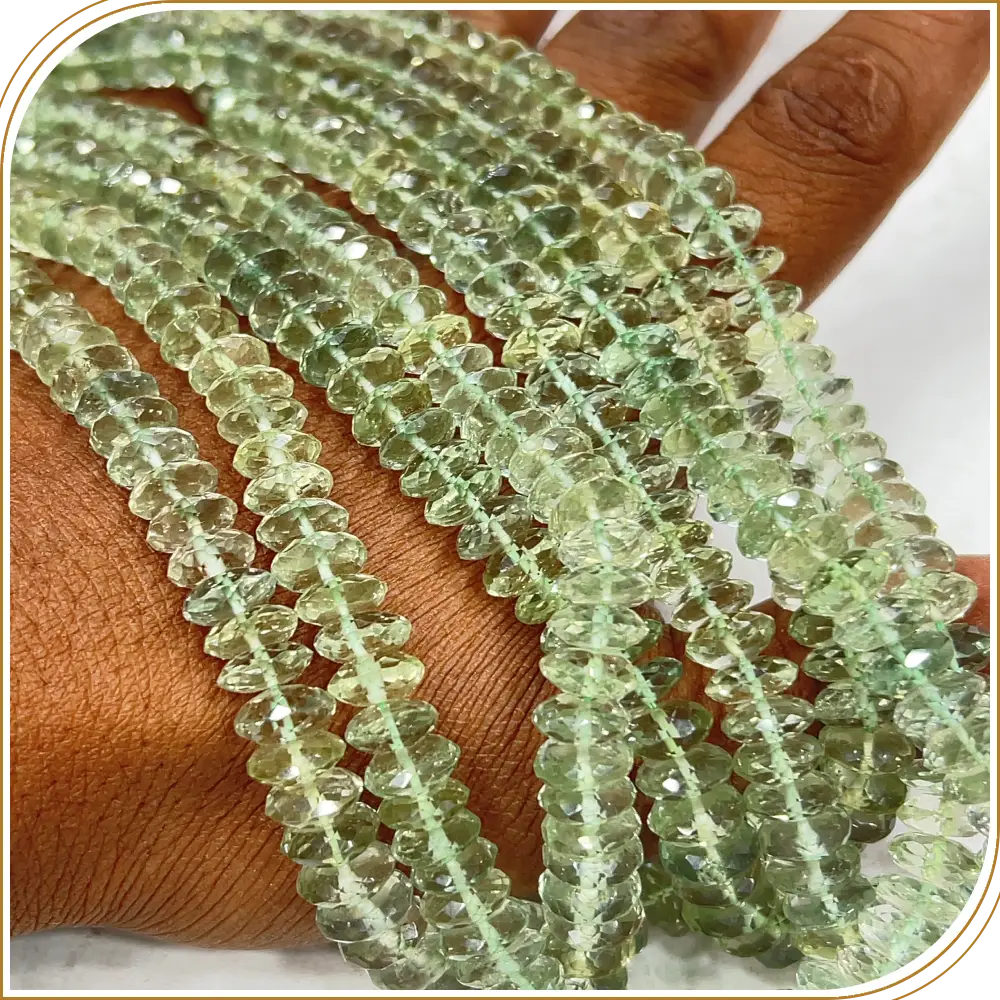 Natural Green Amethyst Quartz German Cut Faceted Disc Shape Rondelle Beads Size 7 To 8mm Inches Strand