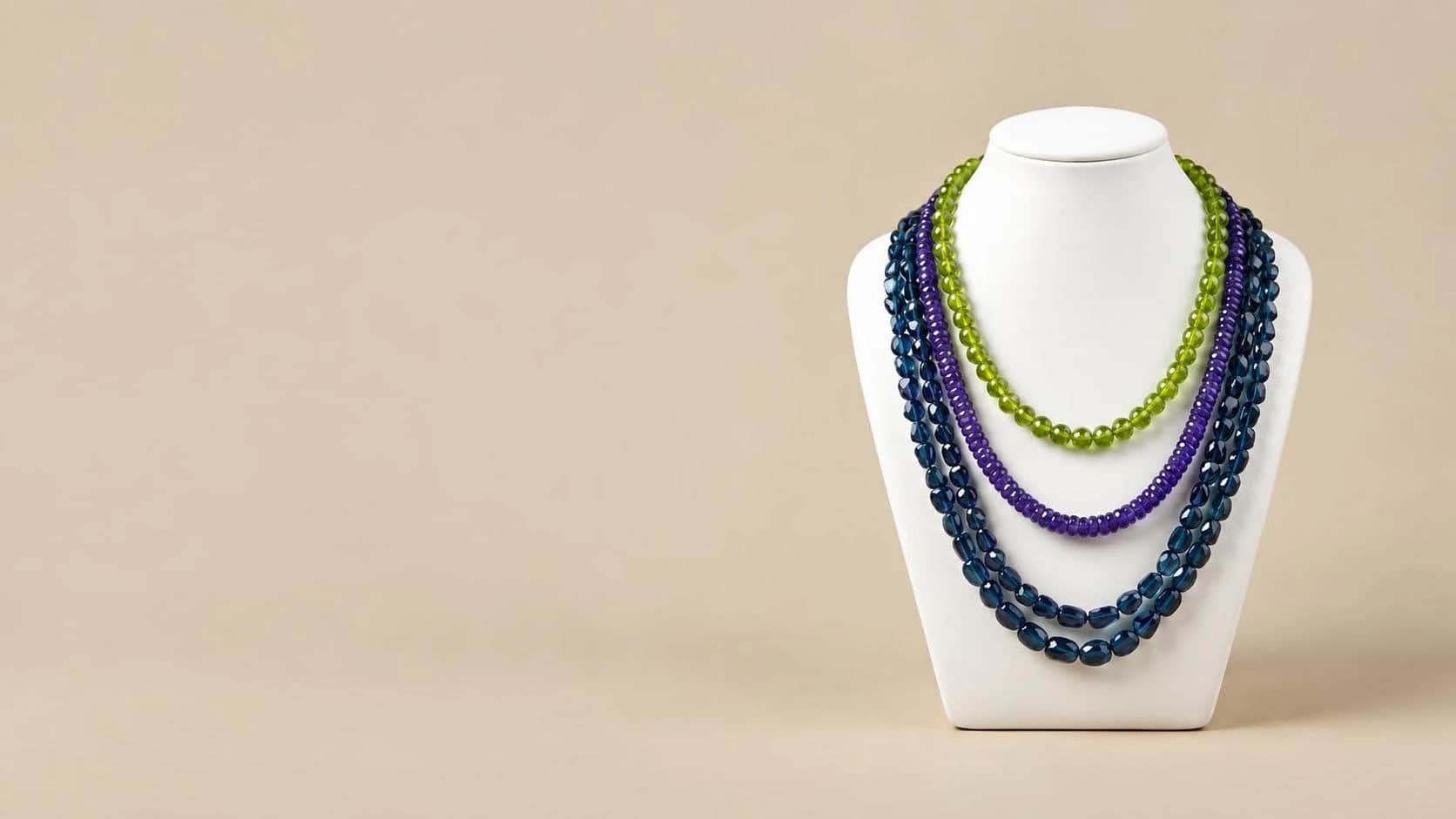 Multi-strand gemstone bead necklace — peridot, tanzanite and London blue topaz strands by Alif International Jaipur