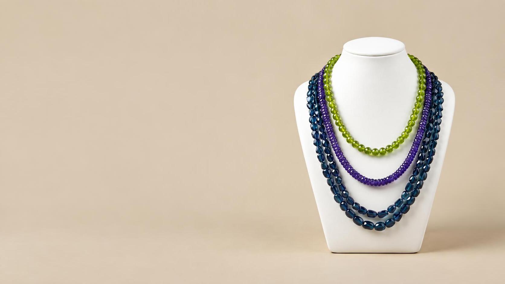Multi-strand gemstone bead necklace — peridot, tanzanite and London blue topaz strands by Alif International Jaipur