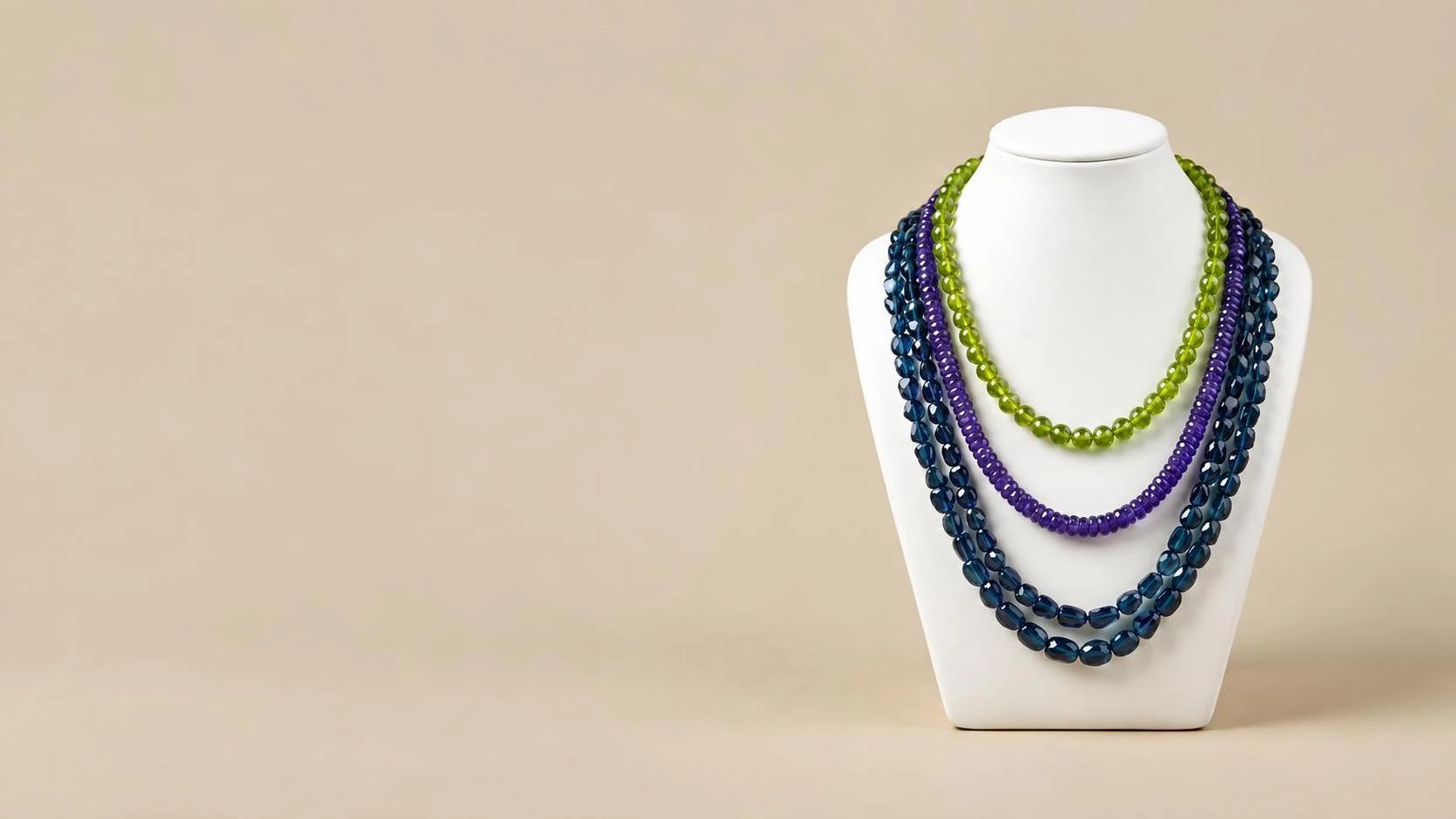 Multi-strand gemstone bead necklace — peridot, tanzanite and London blue topaz strands by Alif International Jaipur